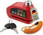 Bremsscheibenschloss Motorrad 110 dB Alarm – Sicherer Diebstahlschutz mit Erinnerungskabel – Für Motorrad, Roller, E-Scooter & Fahrrad – Wasserdicht & Robust, inkl. 2 Schlüssel (Rot)