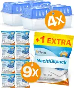 Idelia® 4x Luftentfeuchter + 9x 400g Nachfüllpacks - Raumentfeuchter für Bad, Keller uvm. bis 40m² + 9x Luftentfeuchter Granulat (4x Entfeuchter + 9x Nachfüllpacks) Baumarkt Fachhandel Qualität