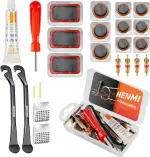 HENMI Fahrrad Flickzeug Set, Tragbar Flickset Fahrradreifen mit Reifenreparaturkleber, Patch, Metall Reifenheber, Ventilschlüssel, Ventileinsatz Kompatibel mit Allen Fahrradschläuchen 2024